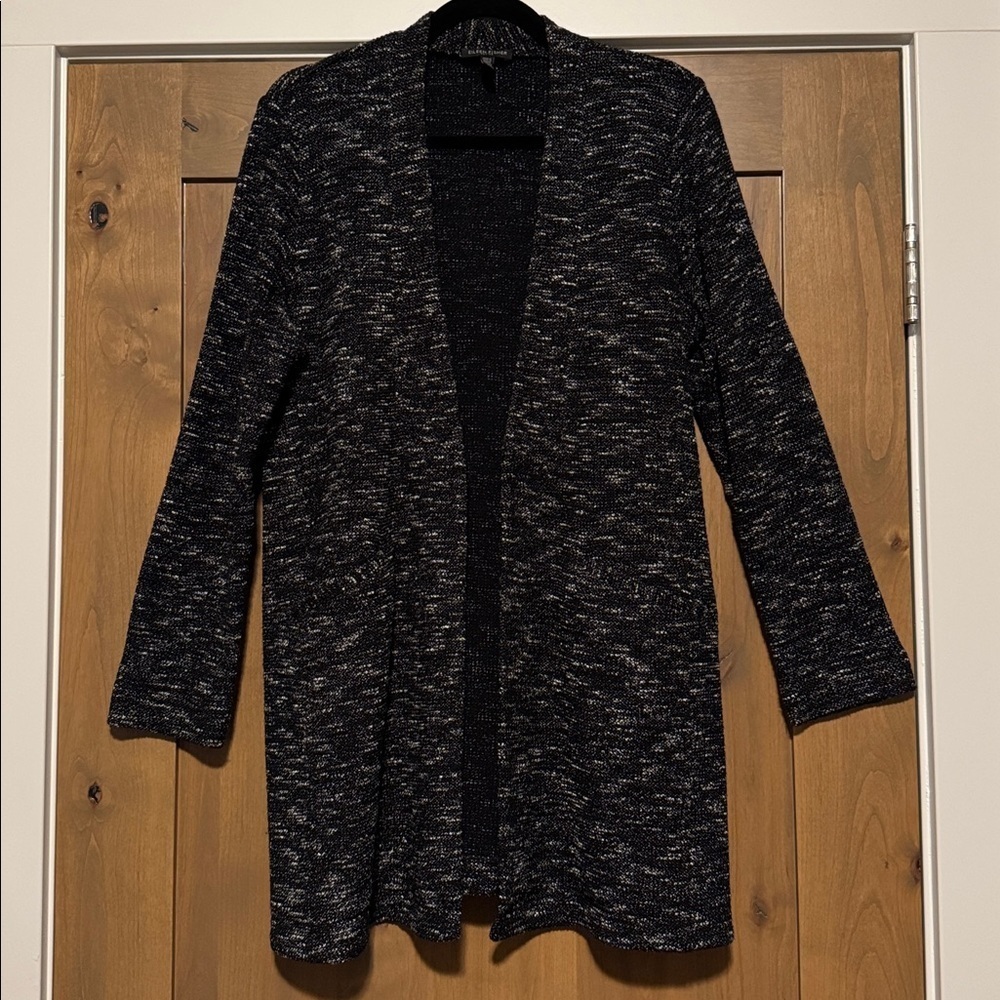 EILEEN FISHER Micro Tweed Open Front Cardigan Jacket Womens PL Marble Blk/white